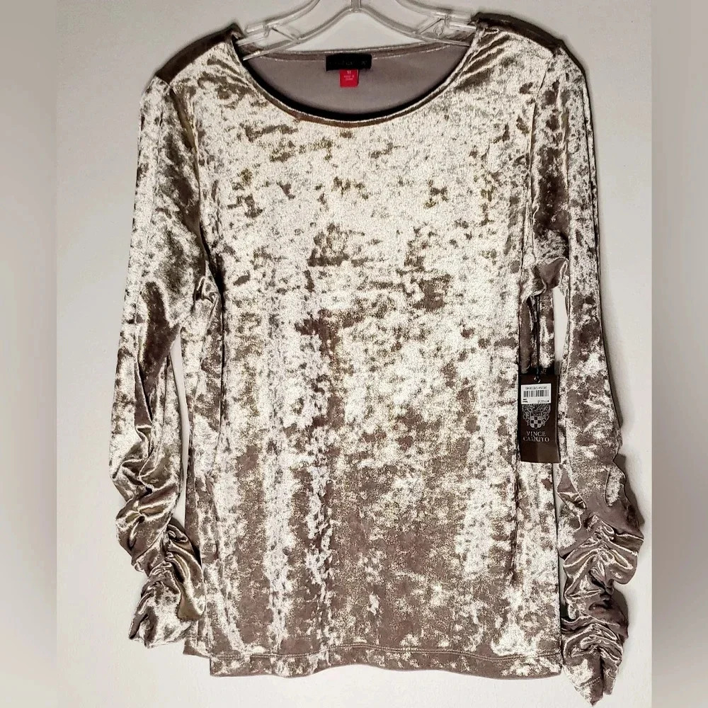 Vince Camato Silver Velour Velvet Ruched long Sleeve Top Stretchy Sz M nwt